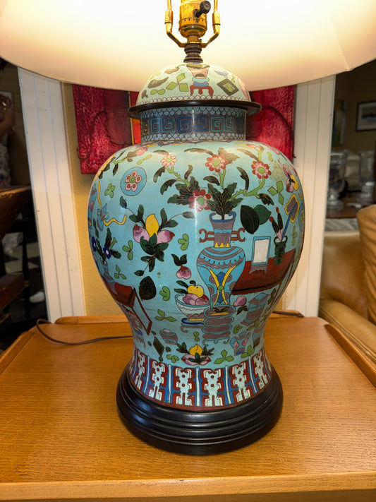 Cloisonné Ginger Jar Lamp w/ Silk Shade-Aqua w/Multicolor