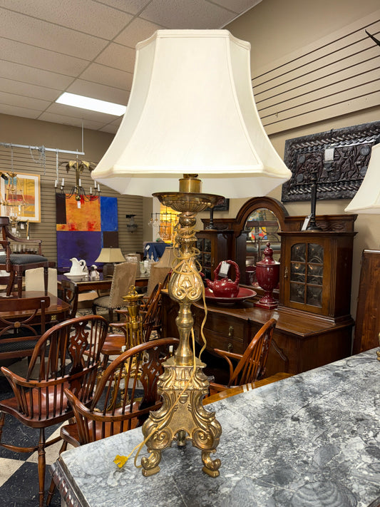Pair Solid Brass Buffet  Lamps w/Silk Shade