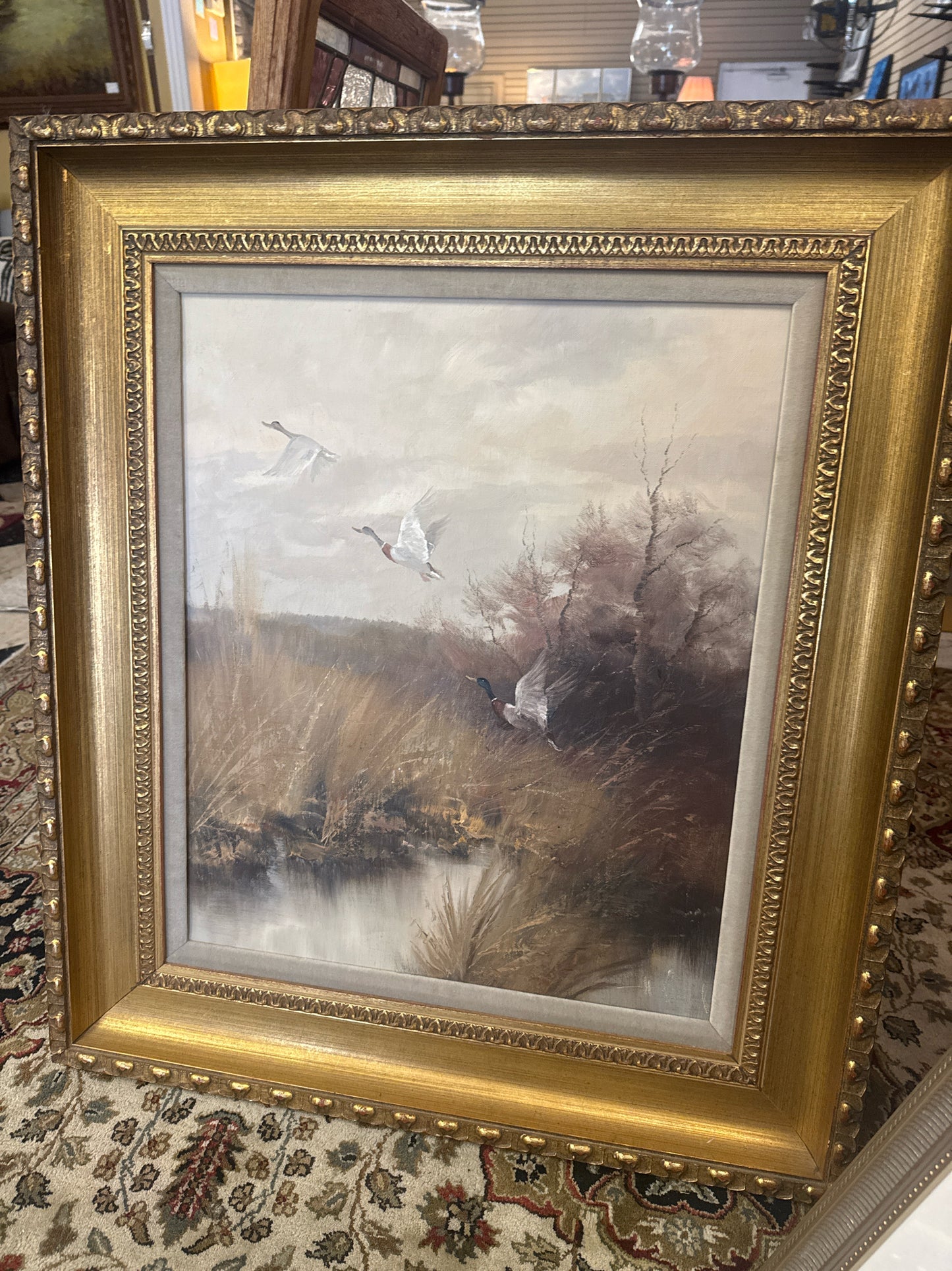 Signed Original Oil of Ducks in Gold Ornate Frame w/White Velvet Matting (29x33)