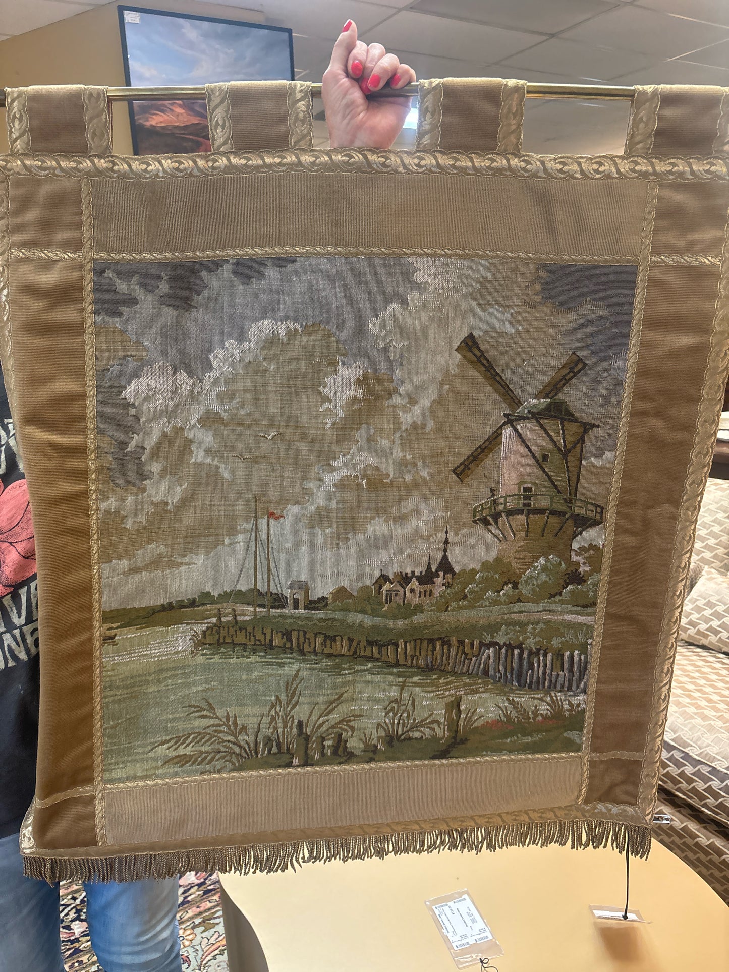 Gold & Green Lighthouse Tapestry on Brass Rod (32 x 35)