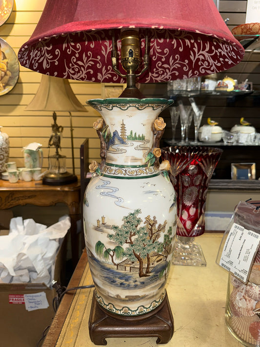Oriental Motif Hand Painted Accent Lamp w/ Burgundy 34" w/Jade Finial