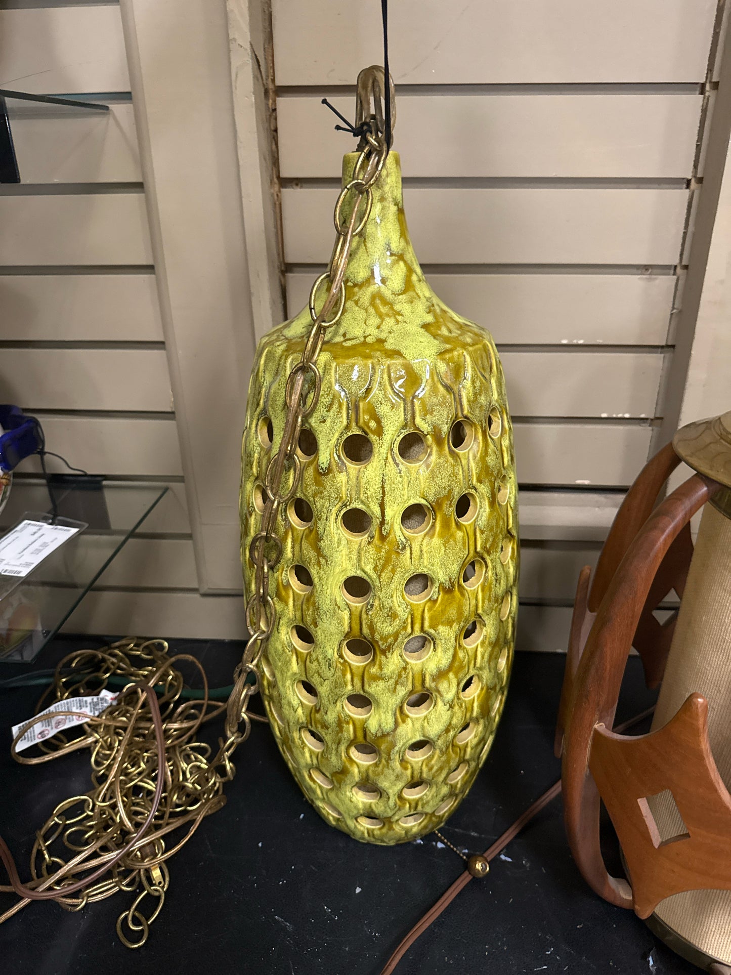 Vintage MCM Drip Glazed Swiss Cheese Chartreuse German Swag Lamp ( Signed)