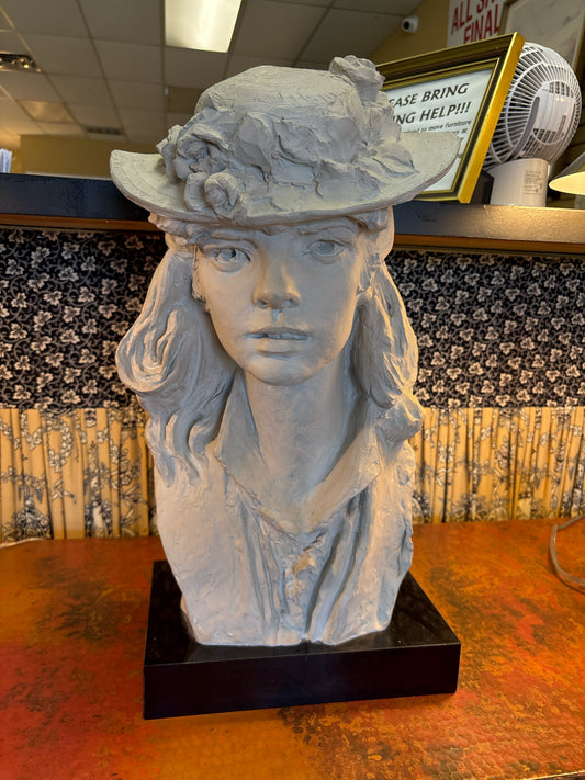 Vintage Plaster Bust "Young Girl w/ Roses on Hat" Francois Augusto Rodin