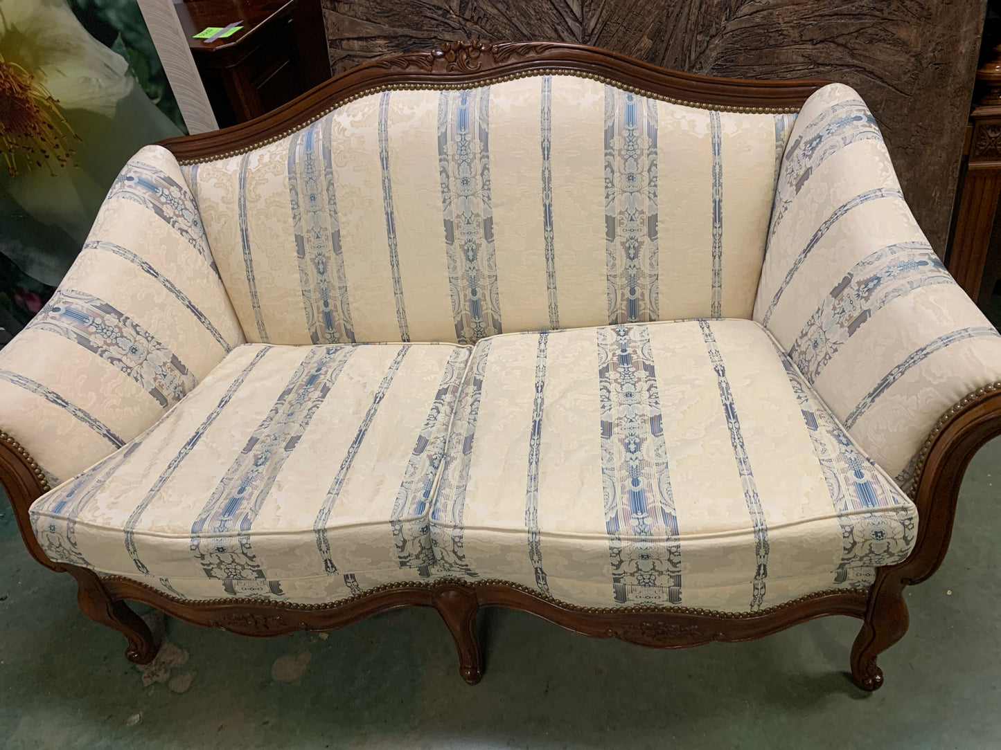 Antique Blue & White Upholstered Settee