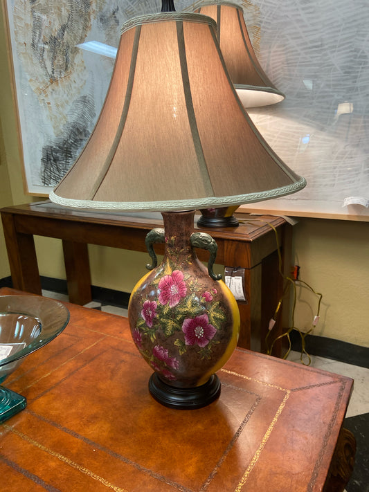 Asian Inspired Lamp - Mustard/Olive/Taupe w/ Purple Flowers