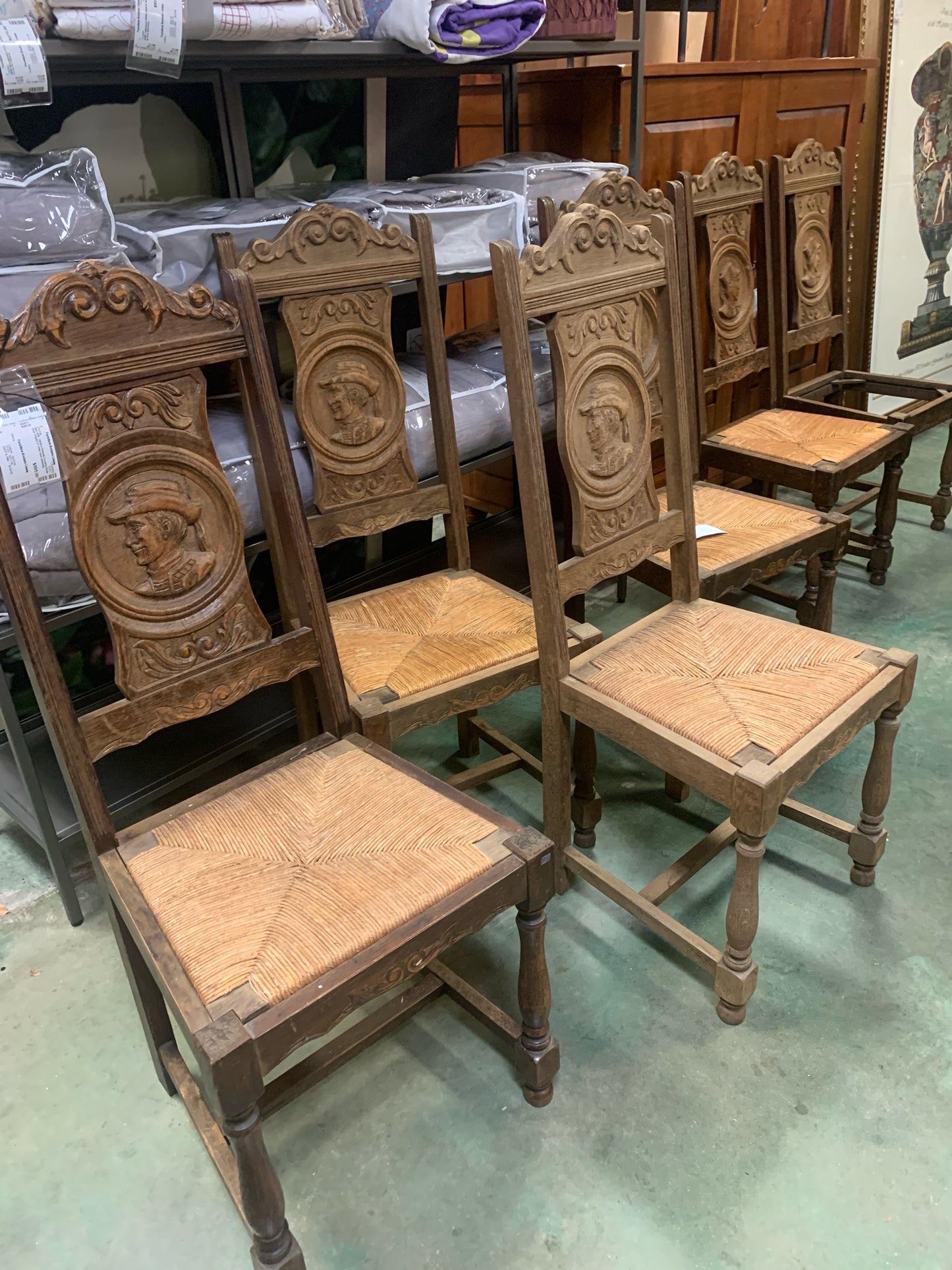 Set of 6 - 1910's Flemish Country Rush Oak Chairs (1 chair seat missing)