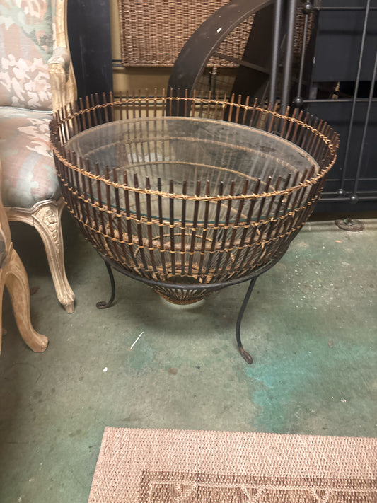 Franco Albini Style Rattan Round Fishing Basket & Glass Side Table