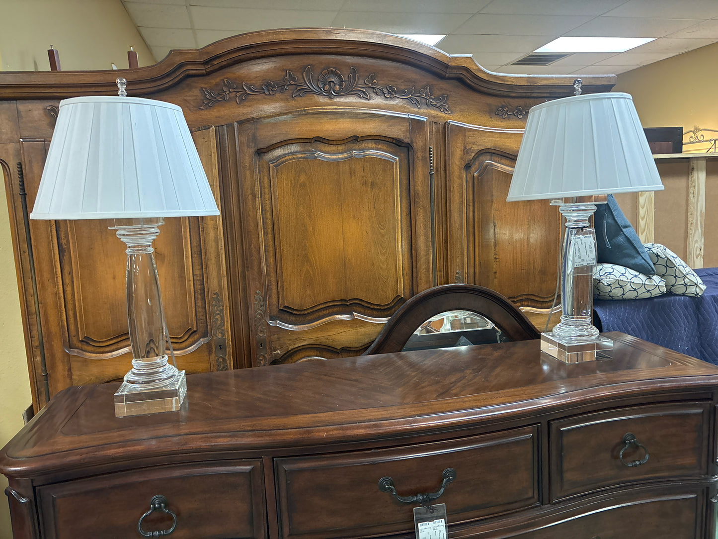 Pair of Solid Crystal Table Lamps w/ White Pleated Shades