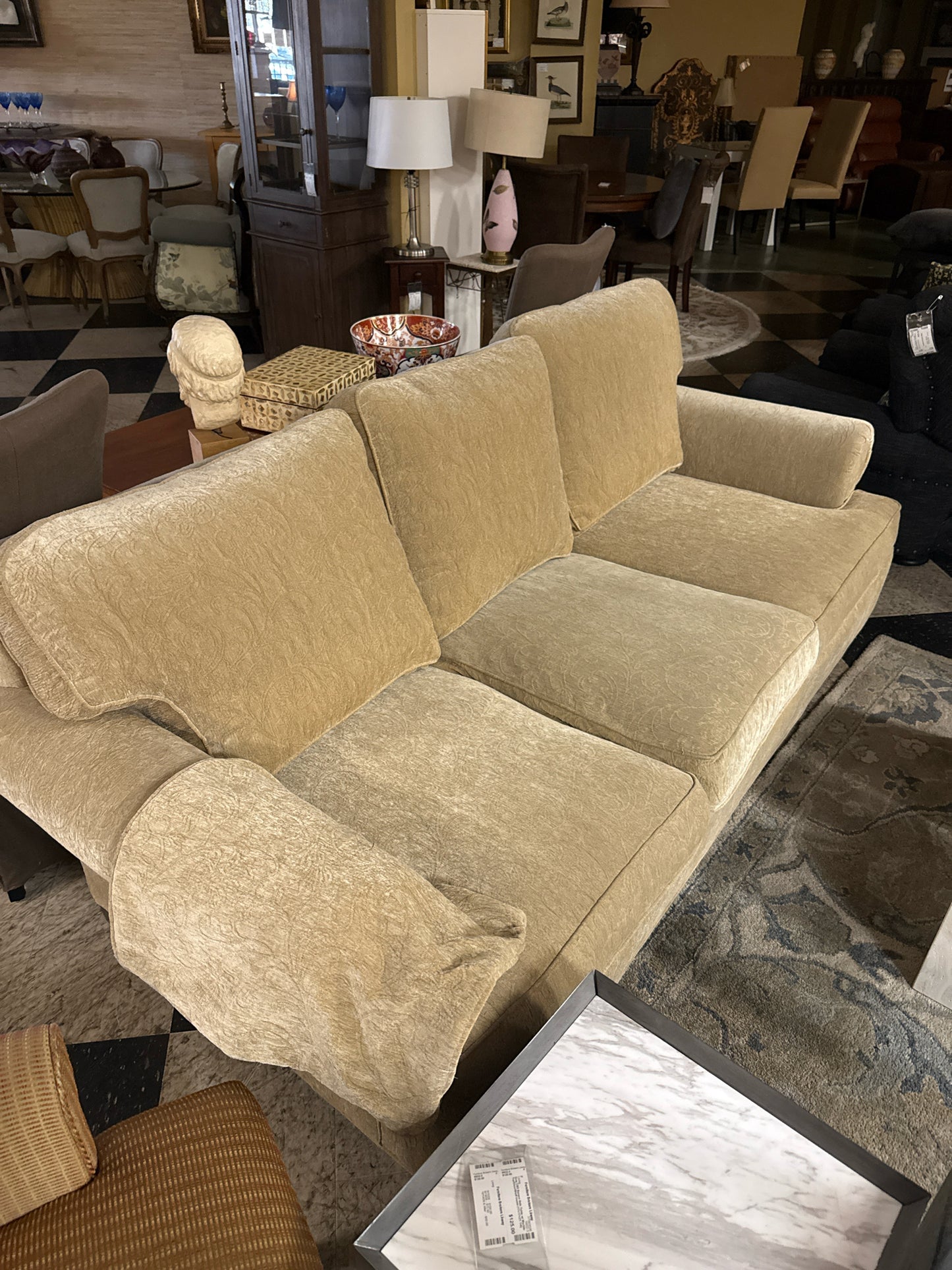 Sherrill- Upholstered Beige 3-Cushion Sofa w/1 Extra Pillow Case