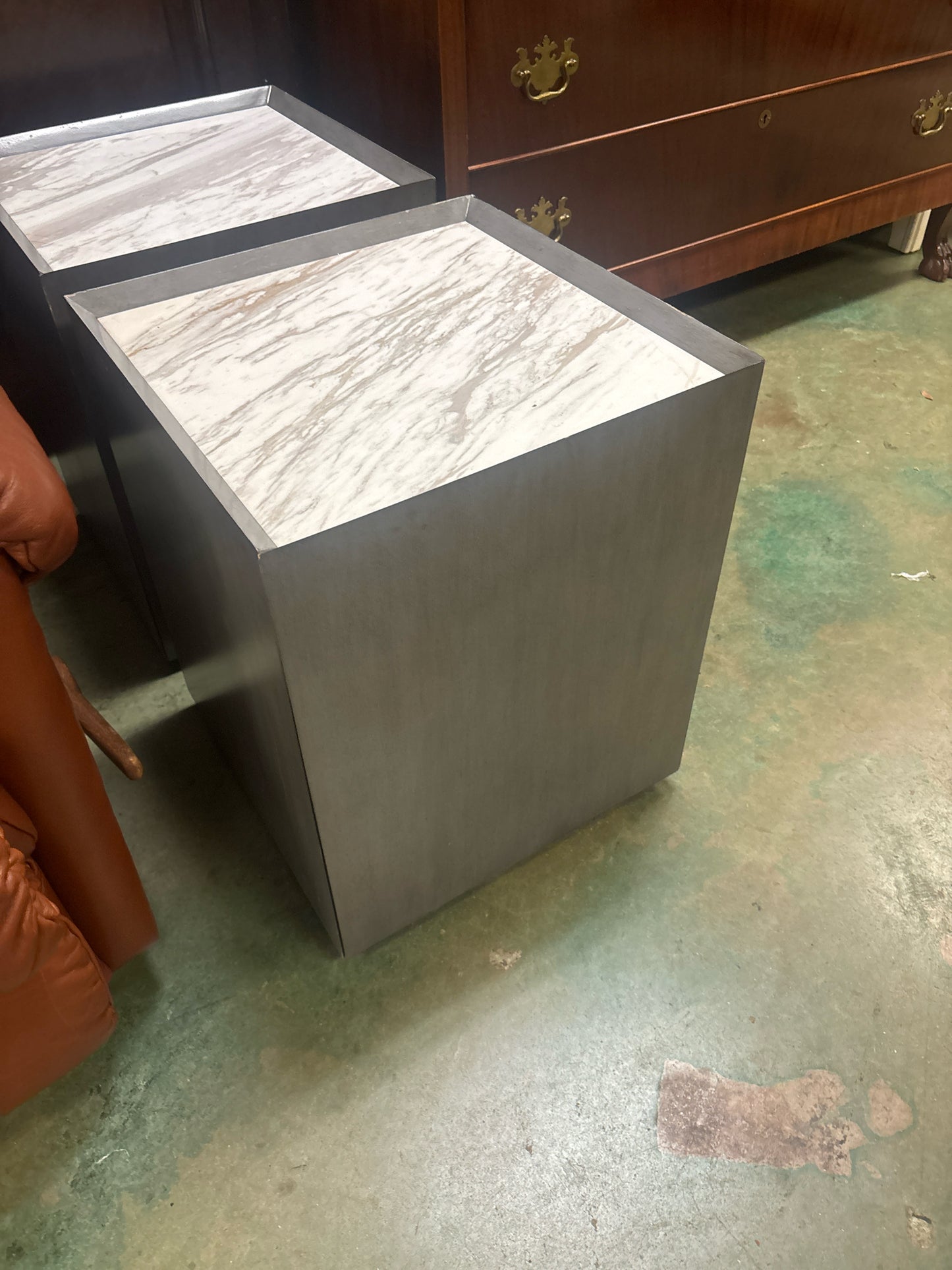 Gray CB2 Square Side Table w/ Marble Top/Door/Shelf Inside (17x17x21 1/4)