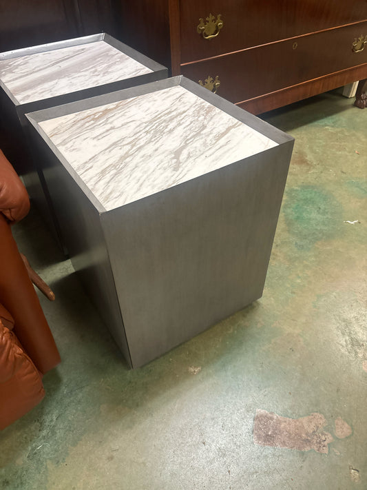 Gray CB2 Square Side Table w/ Marble Top/Door/Shelf Inside (17x17x21 1/4)