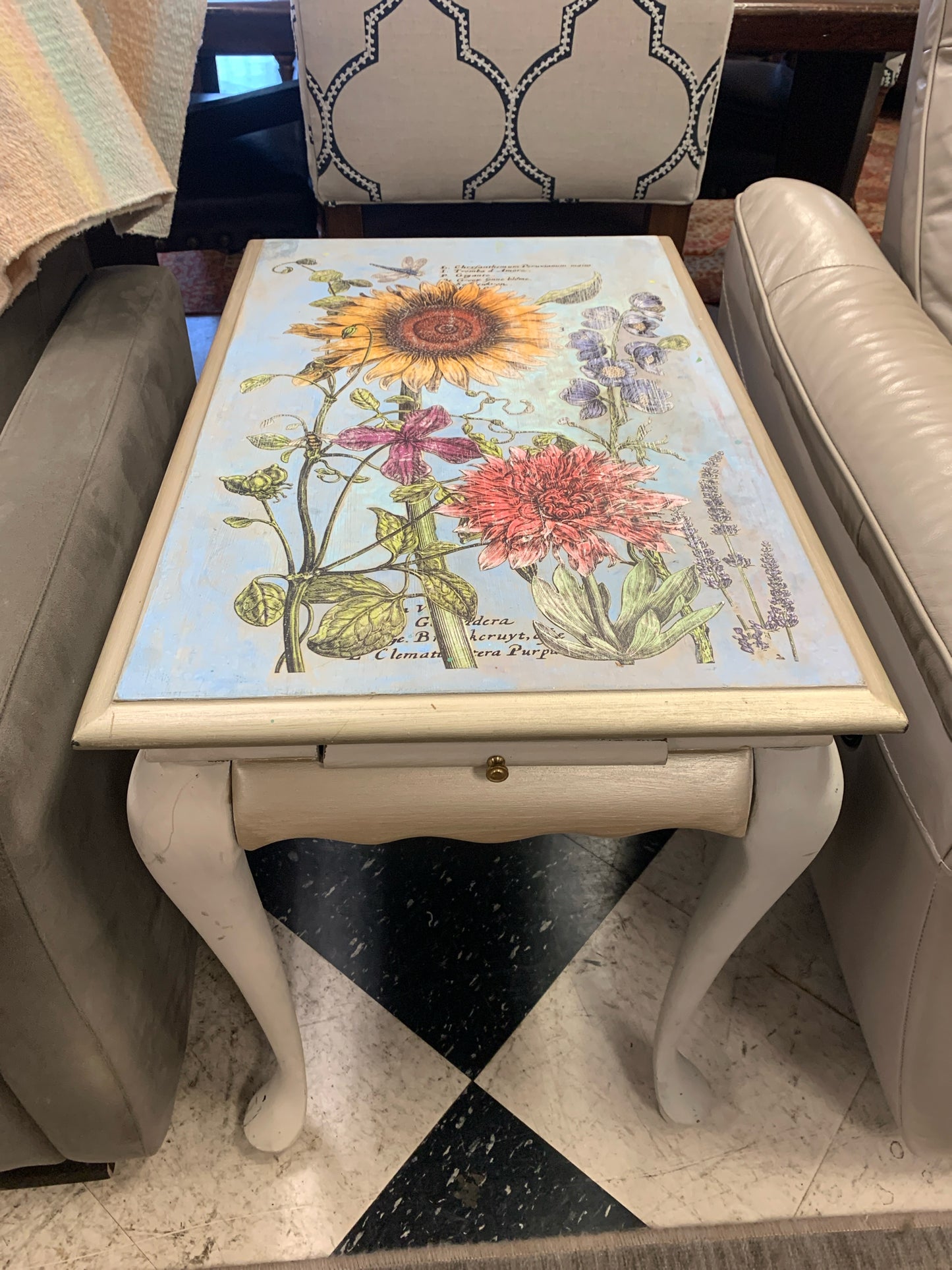 Decoupage Floral Side Table w/ Two Pull Out Extenders