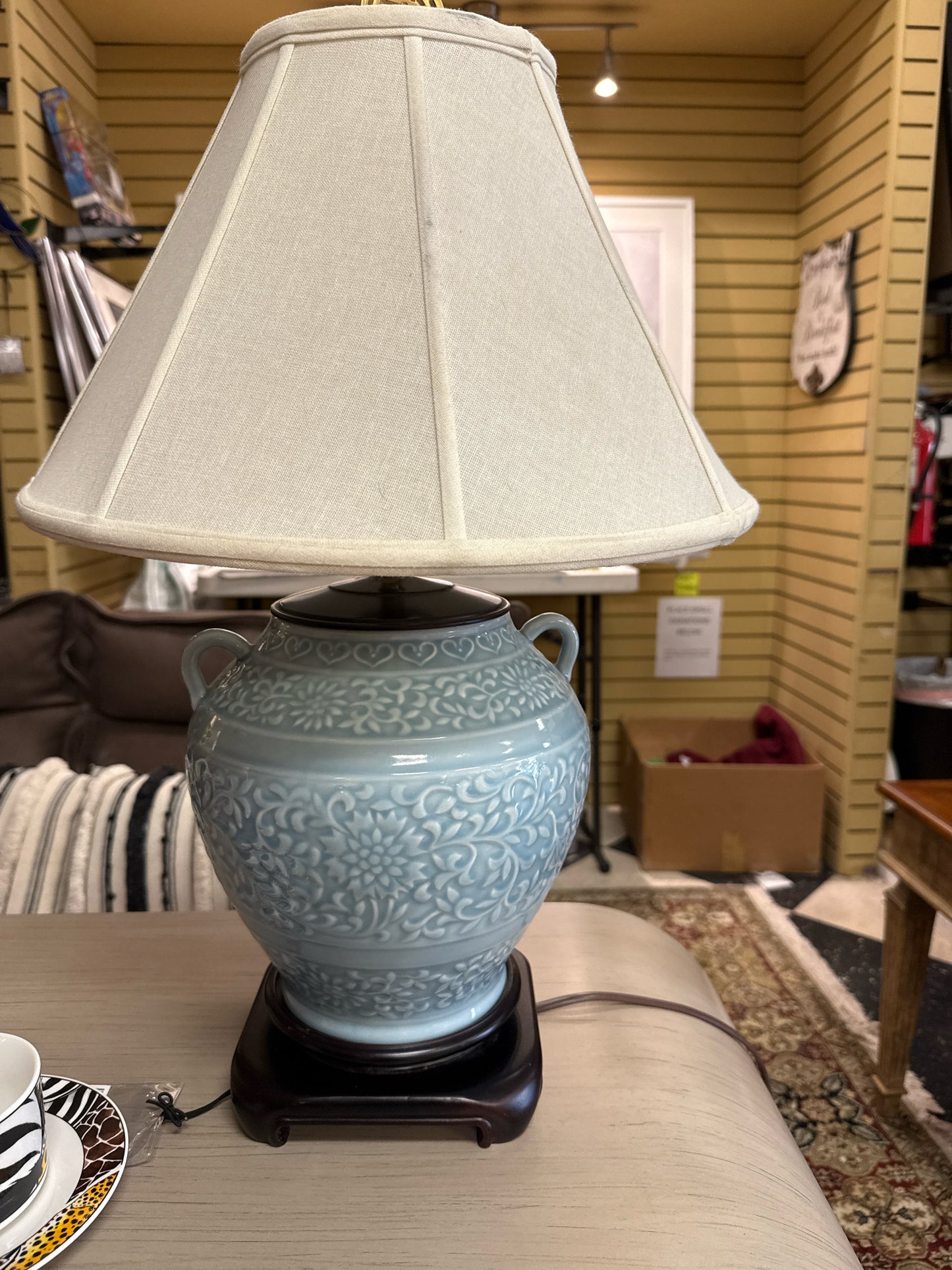Celadon Color Porcelain Table Lamp on Wood Base w/Brass Finneal