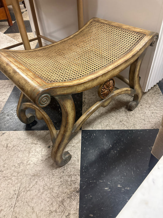 Neoclassical Revival Cane Bench w/ Distressed Gold Finish