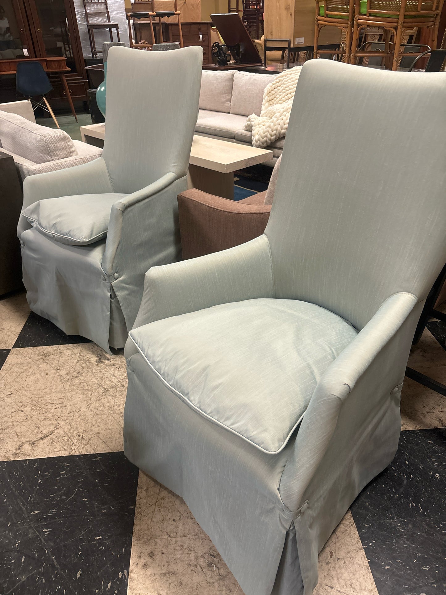 SET of 5 NEW Dining Chairs w/Blue/Gray Linen Blend Fabric on Castors