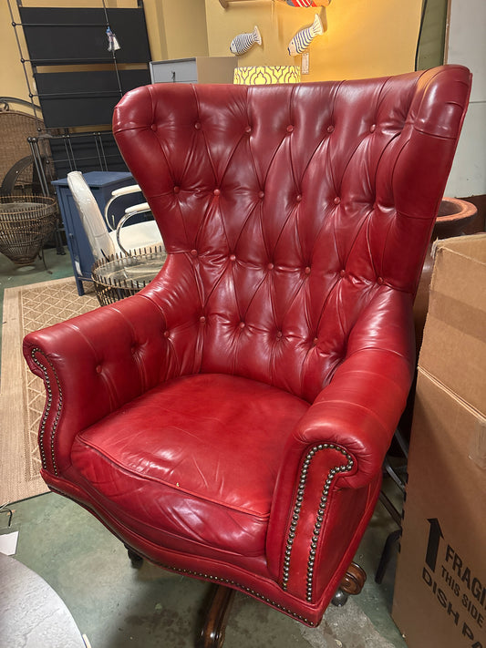 Red Leather Wing-back Rolling Office Chair