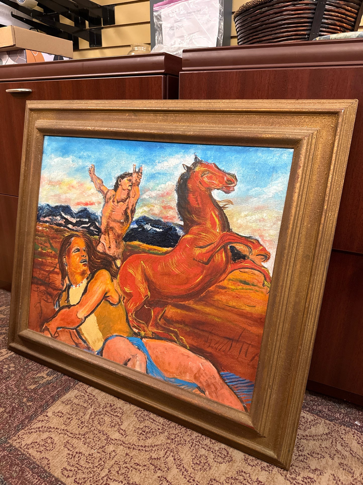 Wooden Framed Mid-Century Acrylic on Canvas of Horse & Man in Desert by Franco P
