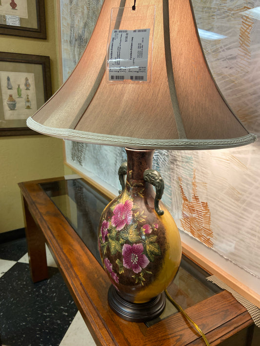 Asian Inspired Lamp - Mustard/Olive/Taupe w/ Purple Flowers