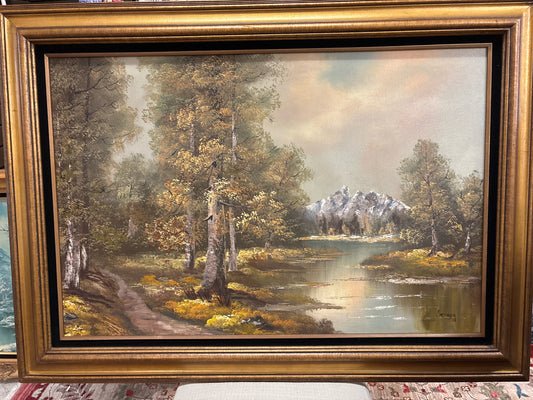 Signed Serigos Oil on Canvas - Fall Landscape w/ River in Gold Frame (32x44)