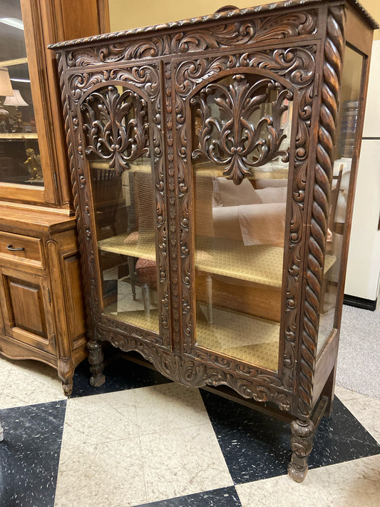 Wood Cabinet w/ 3  Upholstered Shelves & Glass