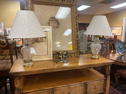 PAIR of Crystal Lamps w/ Brass Base & Cream Linen Shades