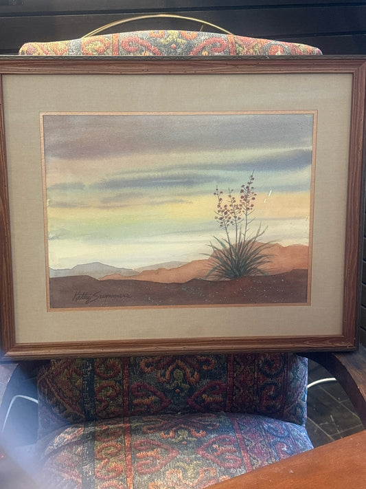 Signed Watercolor Desert Scene in Wood Frame