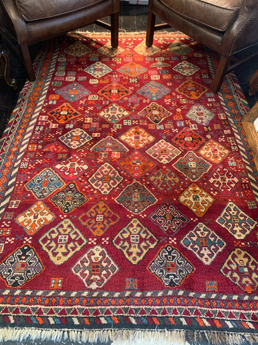 100% Hand Knotted Wool Persian Rug (5x7)- Red/Orange/Blues