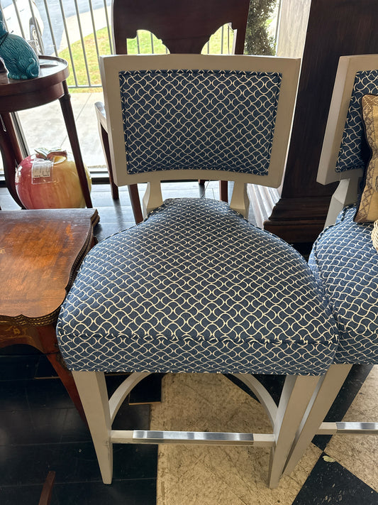 CTH Sherrill Blue & White Bar Stools w/Silver Accents on Base