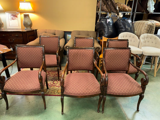 SET Six Traditional Carved Wood Arm Chairs 1890's Upholstered in Damask Brocade