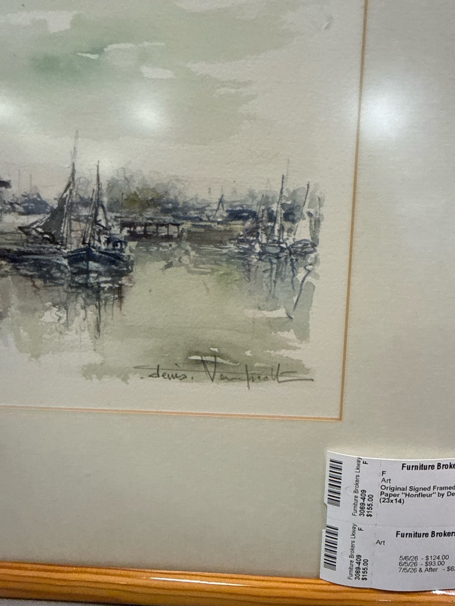 Original Signed Framed Watercolor on Paper "Honfleur" by Dennis Verspecht (23x14