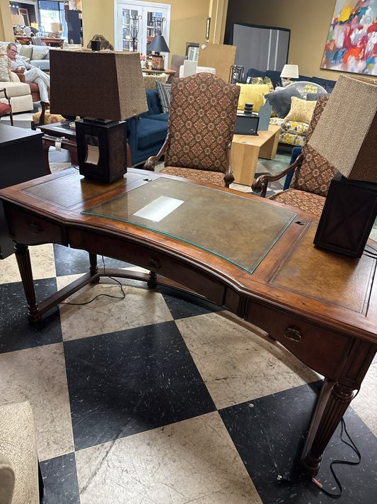 Century- Curved 3-drawer Desk w/Leather Inlay/Glass Top