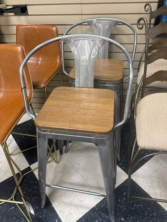 Pair Industrial Modern Steel Bistro Bar Stools w/ Bamboo Seat