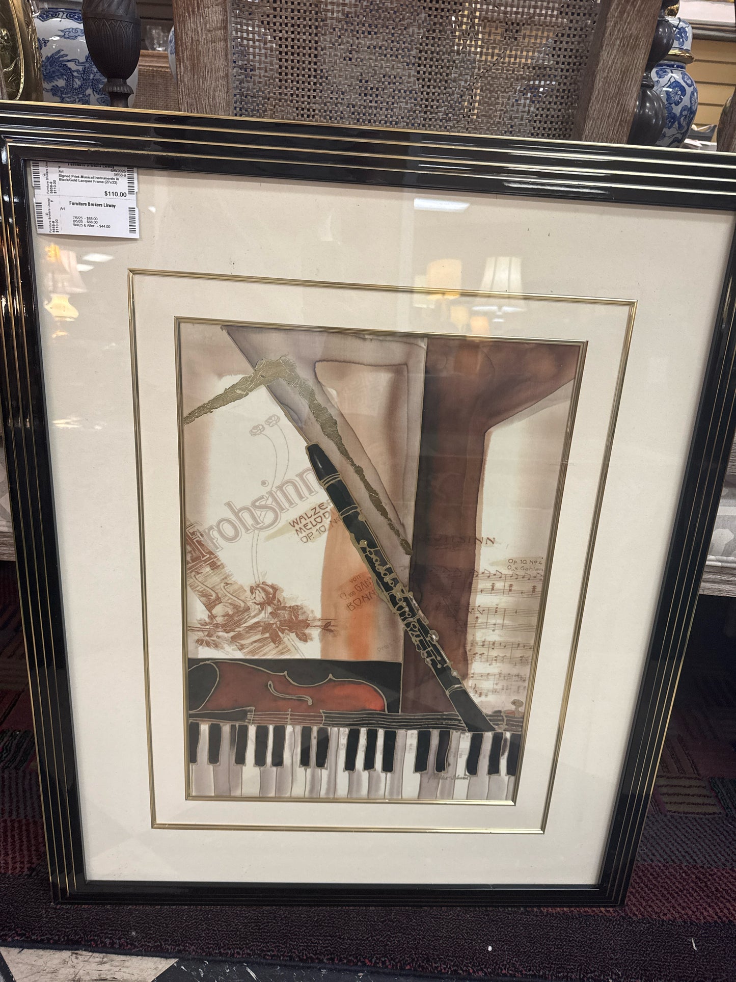Signed Print-Musical Instruments in Black/Gold Lacquer Frame (27x33)