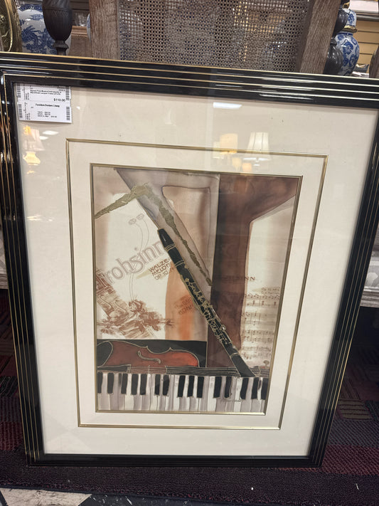 Signed Print-Musical Instruments in Black/Gold Lacquer Frame (27x33)