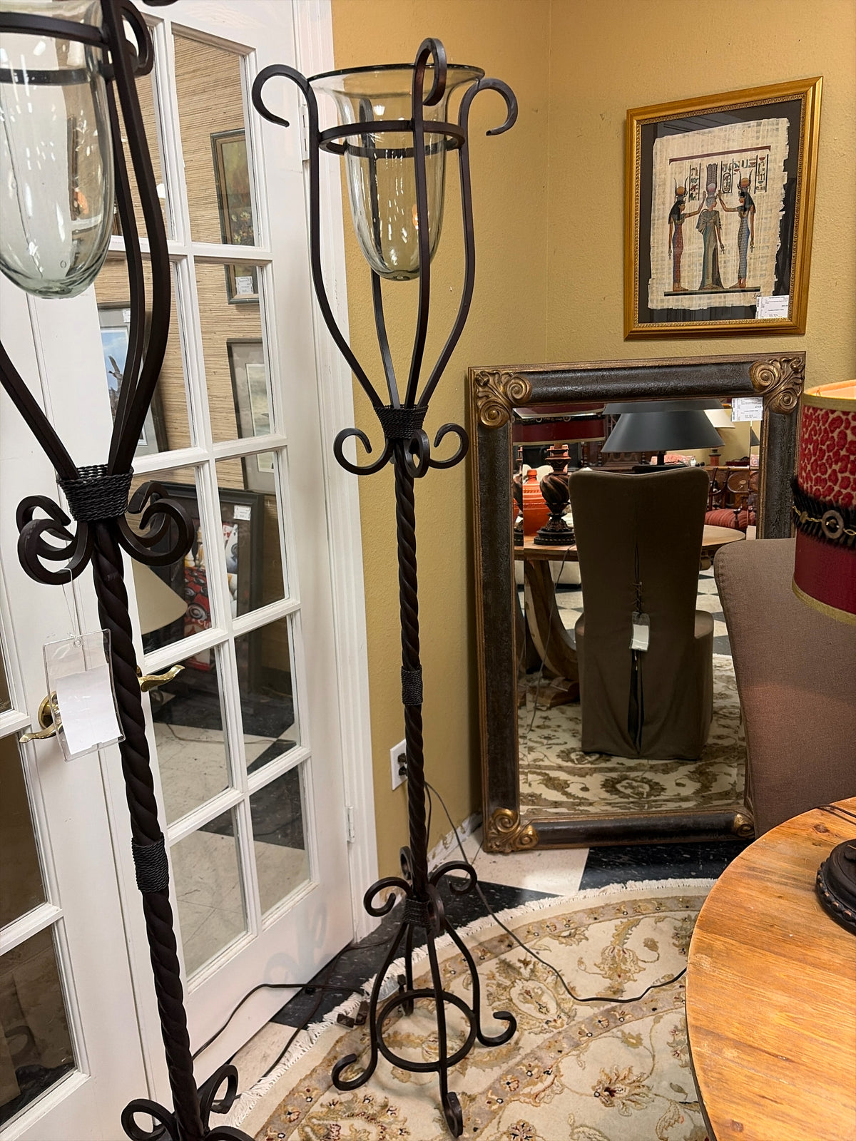 Forged Iron Floor Hurricane Torchiere w/Glass