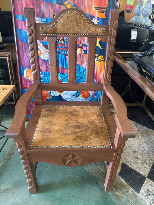 Western Style Carved Arm Chair with Cowhide Seat