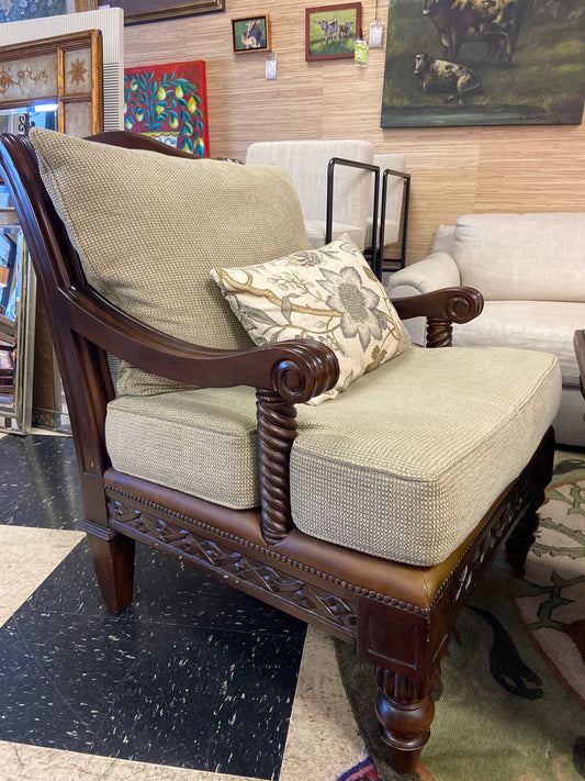 Wood Chair w/ Blue /Tan Cushions & Decorative Pillow