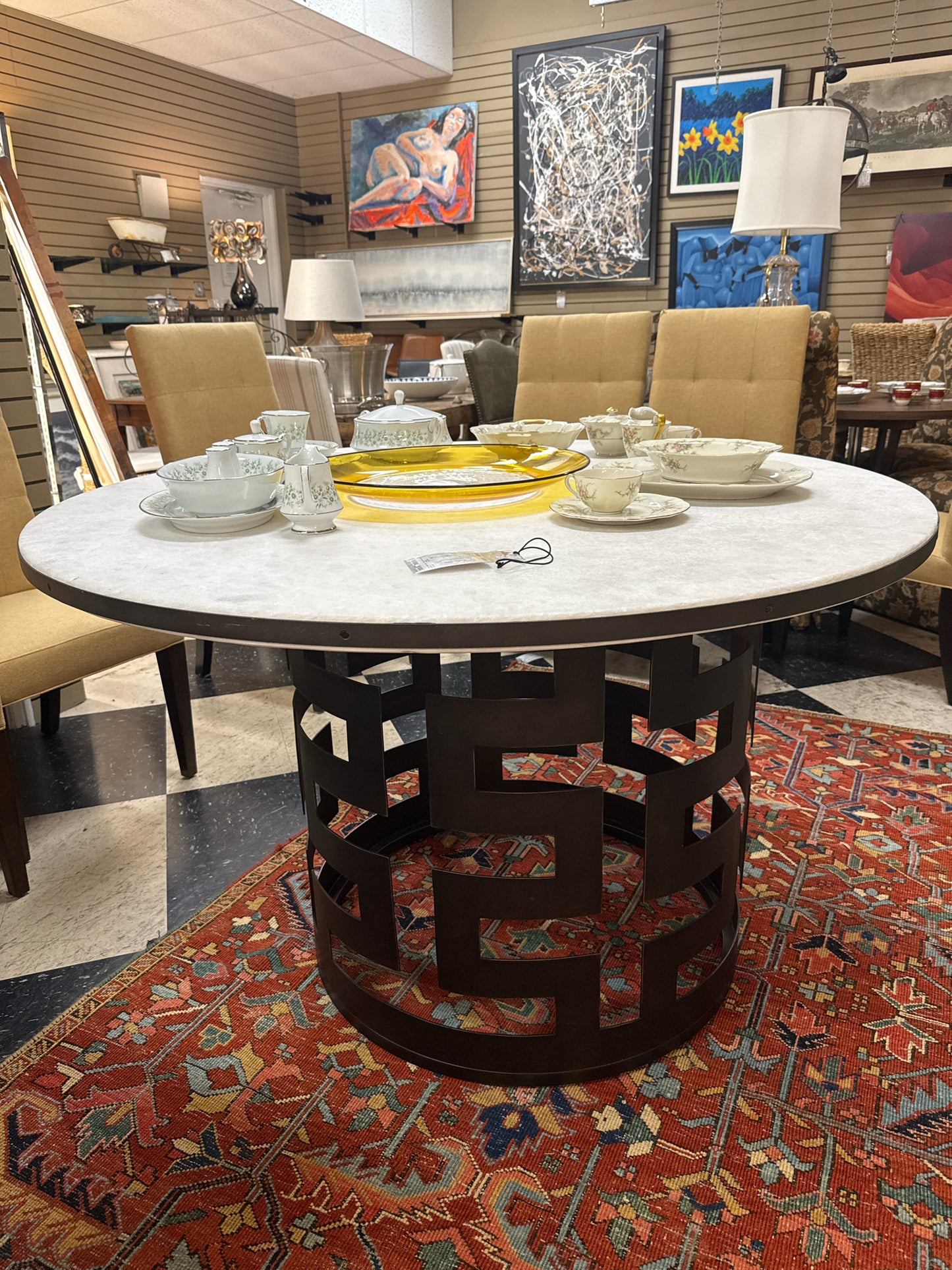 54" Round Belgrave Dining Table w/ Metal Base & Stone Top