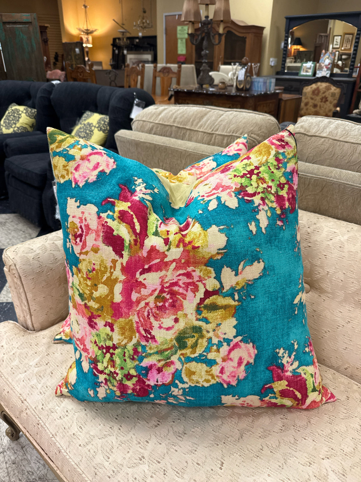 Turqoise/Floral Down Filled w/Linen Back Pillow (24"x 24")