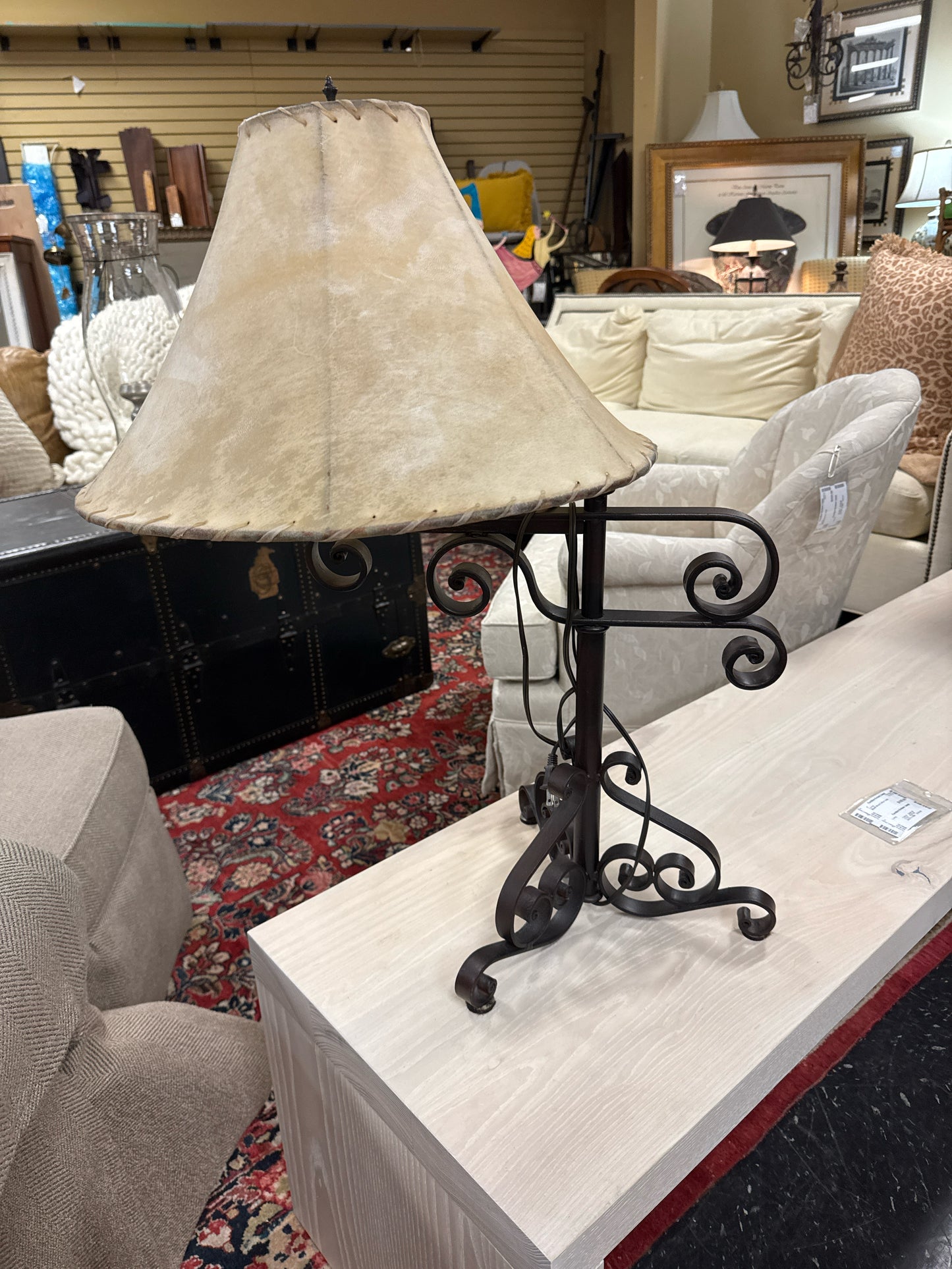 Wrought Iron Swivel Arm Rustic Lamp w/Goatskin Shade