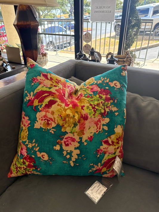 Turqoise/Floral Down Filled w/Linen Back Pillow (24"x 24")