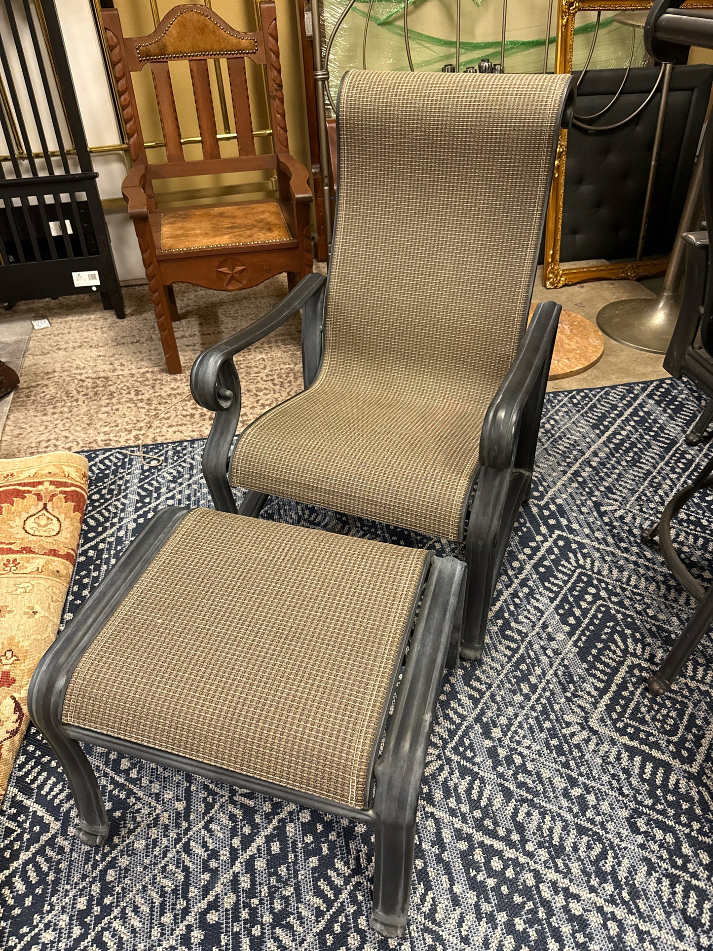 SET 5 Outdoor Set- 3 Black/Woven Arm Chairs w/Matching Foot Stool & Black Metal