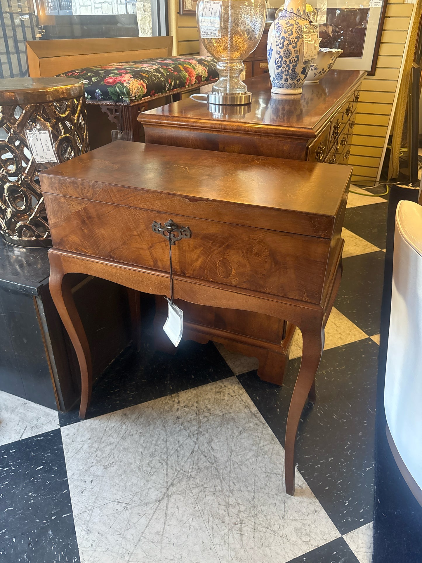 Italian Burled Wood Entry Table w/ Flip Top and Curved Legs