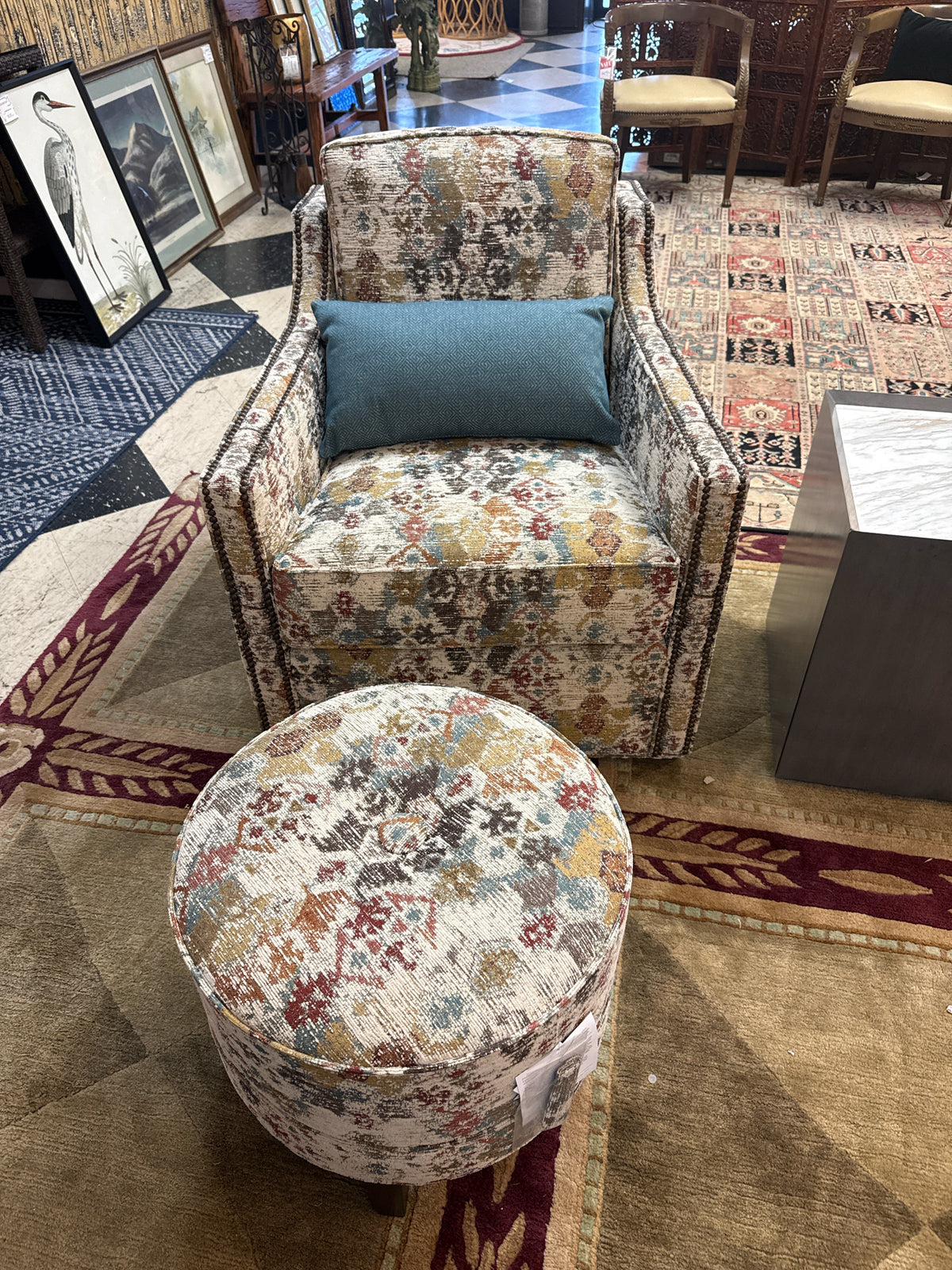 PAIR Ethan Allen NEW Wes Swivel Chairs w/Matching 20" Round Ottoman w/Pillows