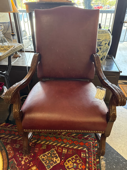 Carved Wooden Arm Chair with Burgundy Leather