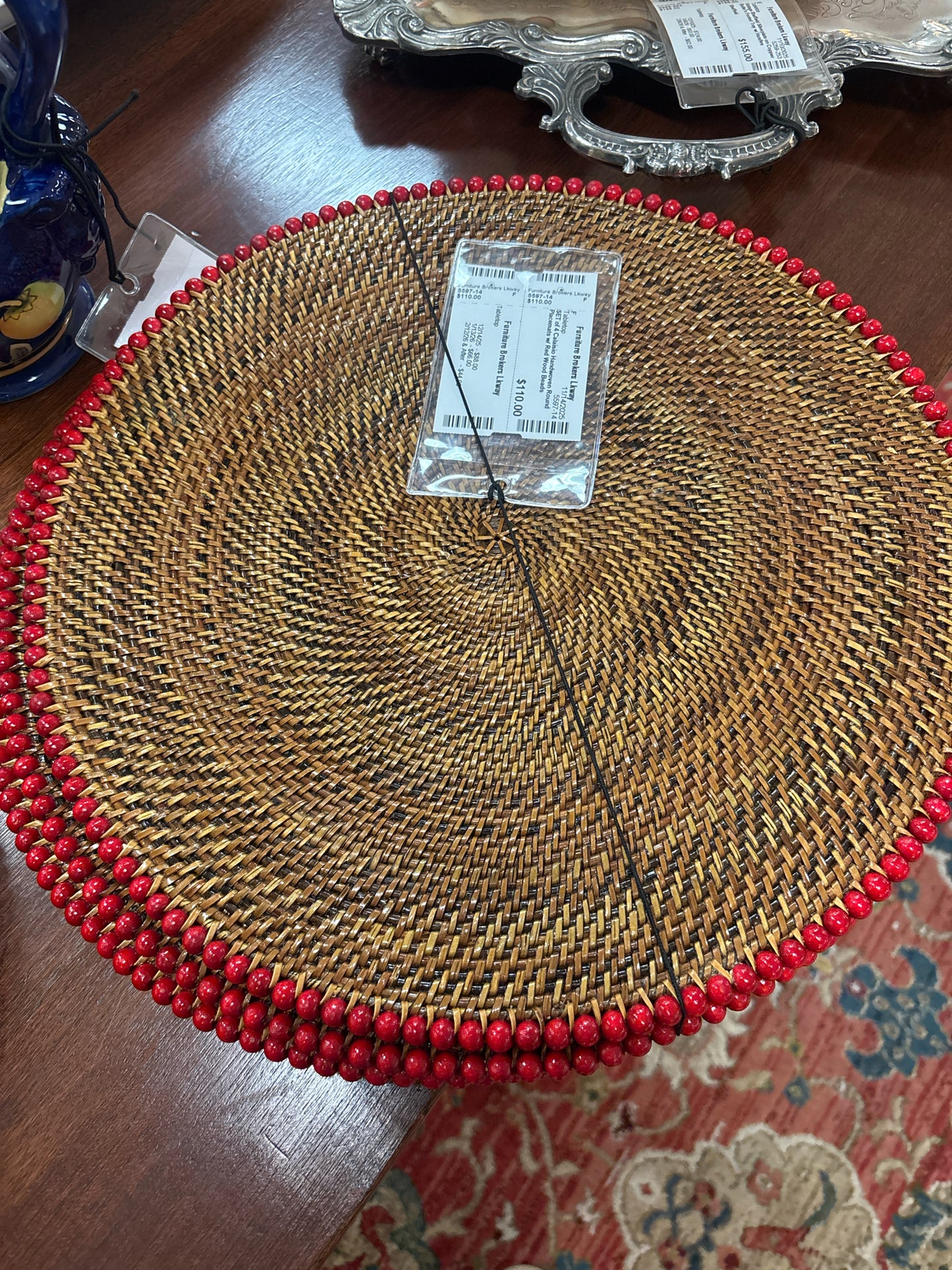 SET of 4 Calaisio Handwoven Round Placemats w/ Red Wood Beads
