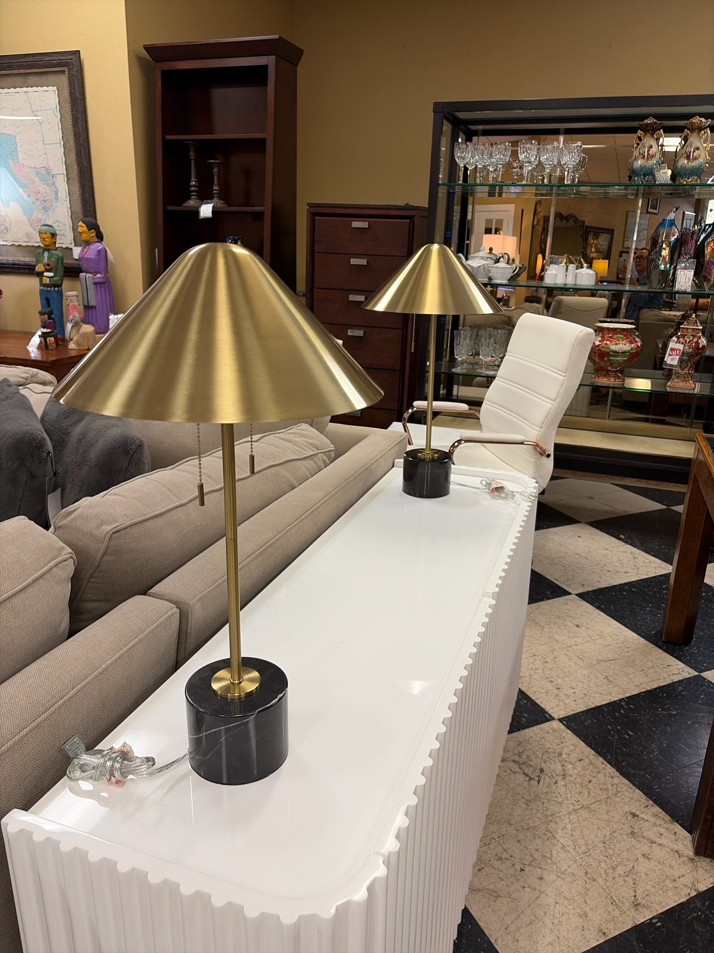 PAIR Triangle Brass Table Lamps w/Solid Black Marble Base