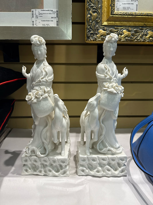 PAIR - Antique Chinese Porcelain "Blanc De Chine" Figurine Magu w/ Deer 14"