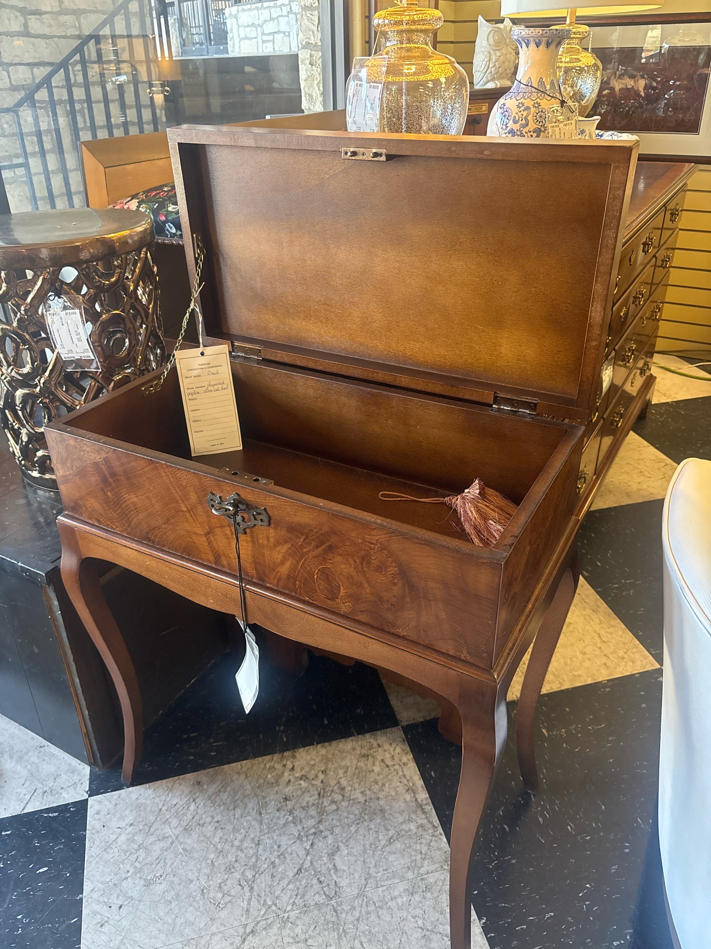 Italian Burled Wood Entry Table w/ Flip Top and Curved Legs