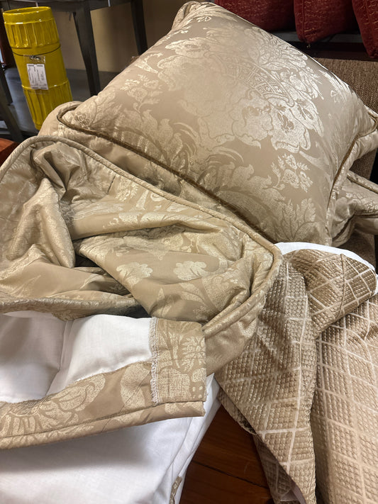 SET of King Custom Gold Bedspread & Bedskirt w/3 Sham Pillows